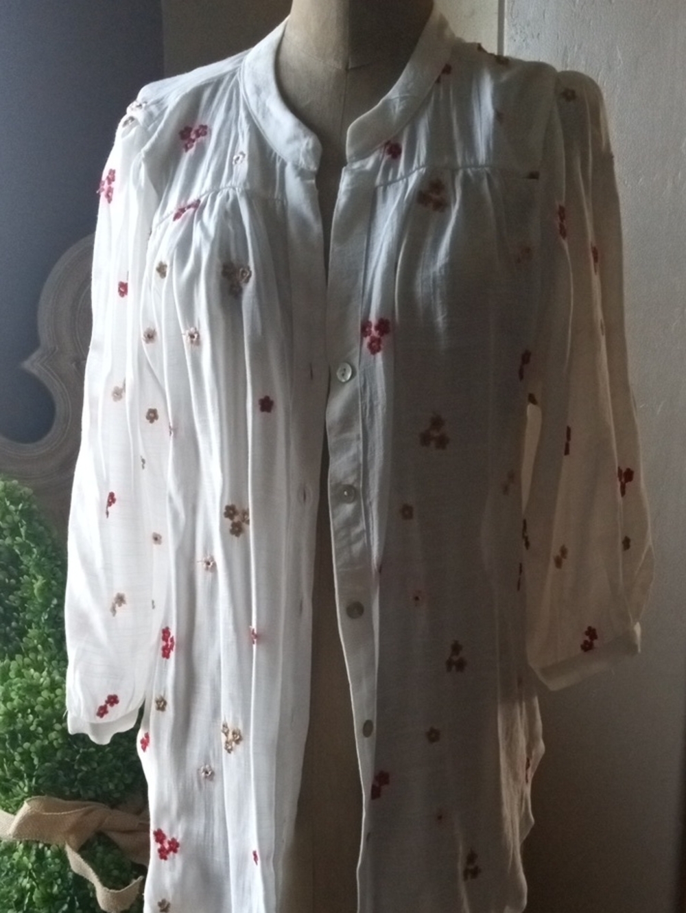 White Floral-Embroidered Button-Down Blouse